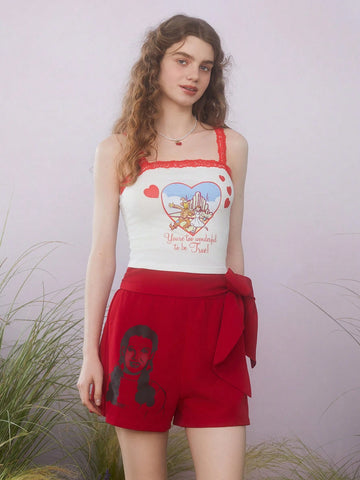 Women's Character Printed Tie Waist Casual Shorts For Summer Women's Character Printed Tie Waist Casual Shorts For Summer