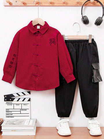 Toddler Boys' Chinese Style Embroidered Long Sleeve Shirt With Button-front And Patch Pocket, And Cuffed Pants Set Toddler Boys' Chinese Style Embroidered Long Sleeve Shirt With Button-front And Patch Pocket, And Cuffed Pants Set