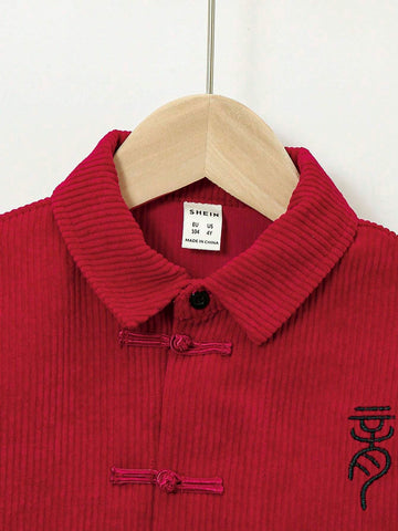 Toddler Boys' Chinese Style Embroidered Long Sleeve Shirt With Button-front And Patch Pocket, And Cuffed Pants Set Toddler Boys' Chinese Style Embroidered Long Sleeve Shirt With Button-front And Patch Pocket, And Cuffed Pants Set