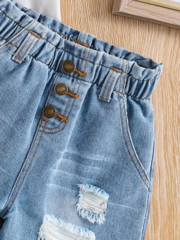 Toddler Boys' Letter Print Short Sleeve T-Shirt And Denim Shorts Toddler Boys' Letter Print Short Sleeve T-Shirt And Denim Shorts