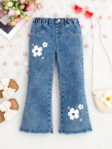 Toddler Girls' Blue Slim-Fit Casual Printed Flare Jeans Toddler Girls' Blue Slim-Fit Casual Printed Flare Jeans