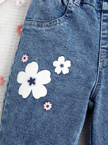 Toddler Girls' Blue Slim-Fit Casual Printed Flare Jeans Toddler Girls' Blue Slim-Fit Casual Printed Flare Jeans
