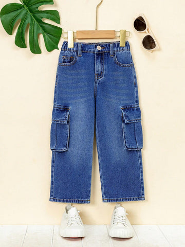 Toddler Girls" Casual Fashion Straight-Leg Denim Work Pants With Multi-Pockets Toddler Girls" Casual Fashion Straight-Leg Denim Work Pants With Multi-Pockets
