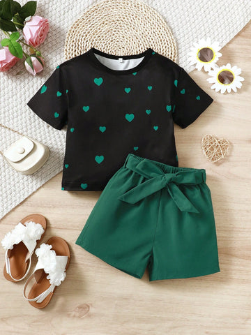 Toddler Girls' Heart Print Casual Sports T-Shirt And Shorts Set For Summer Toddler Girls' Heart Print Casual Sports T-Shirt And Shorts Set For Summer