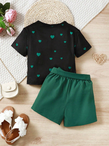 Toddler Girls' Heart Print Casual Sports T-Shirt And Shorts Set For Summer Toddler Girls' Heart Print Casual Sports T-Shirt And Shorts Set For Summer