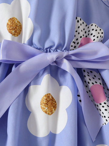 Toddler Girls Sleeveless Floral Print Cute Sweet Purple Mini Dress With Ribbon, Summer Toddler Girls Sleeveless Floral Print Cute Sweet Purple Mini Dress With Ribbon, Summer