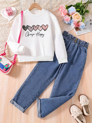 Toddler Heart Print Warm Sweatshirt And Denim Pants Set Toddler Heart Print Warm Sweatshirt And Denim Pants Set