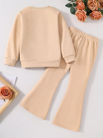 Toddler Letter Print Graphic Crew Neck Sweatshirt And Flare Pants Set Toddler Letter Print Graphic Crew Neck Sweatshirt And Flare Pants Set