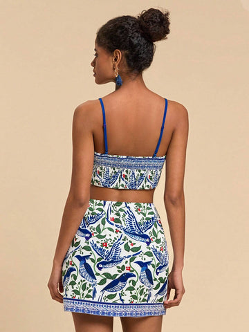 Travachic 2pcs/Set Women Plant Print Cropped Camisole And Tie Waist Mini Skirt Holiday Set Travachic 2pcs/Set Women Plant Print Cropped Camisole And Tie Waist Mini Skirt Holiday Set