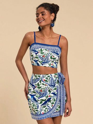 Travachic 2pcs/Set Women Plant Print Cropped Camisole And Tie Waist Mini Skirt Holiday Set Travachic 2pcs/Set Women Plant Print Cropped Camisole And Tie Waist Mini Skirt Holiday Set