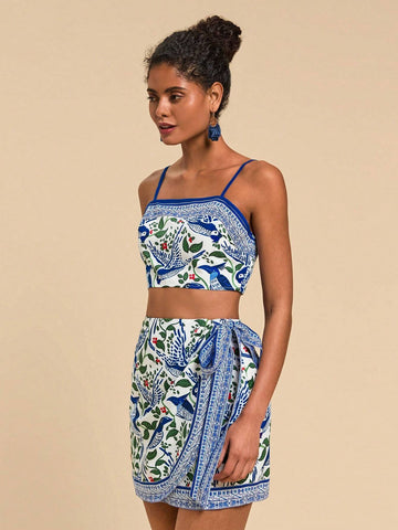 Travachic 2pcs/Set Women Plant Print Cropped Camisole And Tie Waist Mini Skirt Holiday Set Travachic 2pcs/Set Women Plant Print Cropped Camisole And Tie Waist Mini Skirt Holiday Set