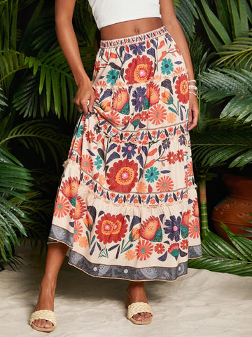 Travachic Floral Print Ruffle Hem Summer Beach Women's Skirt Travachic Floral Print Ruffle Hem Summer Beach Women's Skirt
