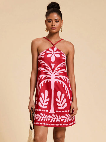 Travachic Palm Tree Print Off-Shoulder Knitted Mini Dress For Women Travachic Palm Tree Print Off-Shoulder Knitted Mini Dress For Women