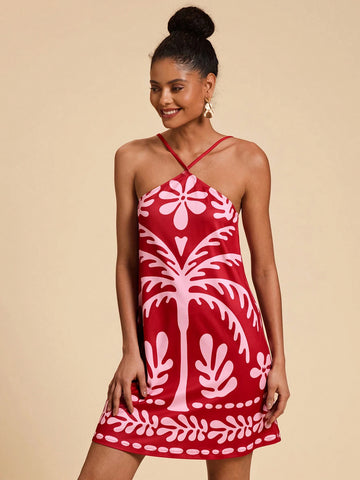 Travachic Palm Tree Print Off-Shoulder Knitted Mini Dress For Women Travachic Palm Tree Print Off-Shoulder Knitted Mini Dress For Women