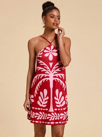 Travachic Palm Tree Print Off-Shoulder Knitted Mini Dress For Women Travachic Palm Tree Print Off-Shoulder Knitted Mini Dress For Women