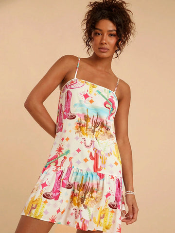 Travachic Spring/Summer Vacation Chiffon Ruffle Trim Spaghetti Strap Printed Mini Dress For Women Travachic Spring/Summer Vacation Chiffon Ruffle Trim Spaghetti Strap Printed Mini Dress For Women