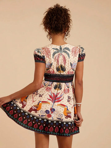 Travachic V-Neck Short Sleeve Fitted Printed Woven Vacation Mini Dress For Women, Spring/Summer Travachic V-Neck Short Sleeve Fitted Printed Woven Vacation Mini Dress For Women, Spring/Summer