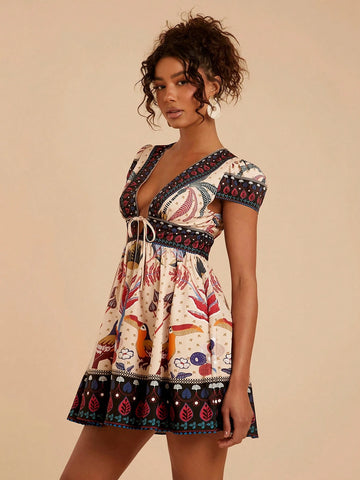 Travachic V-Neck Short Sleeve Fitted Printed Woven Vacation Mini Dress For Women, Spring/Summer Travachic V-Neck Short Sleeve Fitted Printed Woven Vacation Mini Dress For Women, Spring/Summer