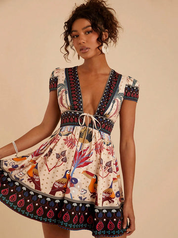 Travachic V-Neck Short Sleeve Fitted Printed Woven Vacation Mini Dress For Women, Spring/Summer Travachic V-Neck Short Sleeve Fitted Printed Woven Vacation Mini Dress For Women, Spring/Summer