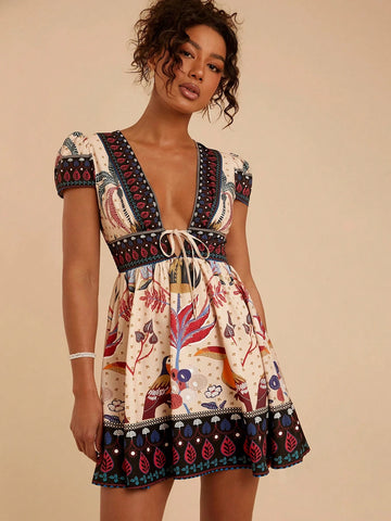 Travachic V-Neck Short Sleeve Fitted Printed Woven Vacation Mini Dress For Women, Spring/Summer Travachic V-Neck Short Sleeve Fitted Printed Woven Vacation Mini Dress For Women, Spring/Summer