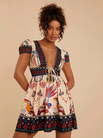 Travachic V-Neck Short Sleeve Fitted Printed Woven Vacation Mini Dress For Women, Spring/Summer Travachic V-Neck Short Sleeve Fitted Printed Woven Vacation Mini Dress For Women, Spring/Summer