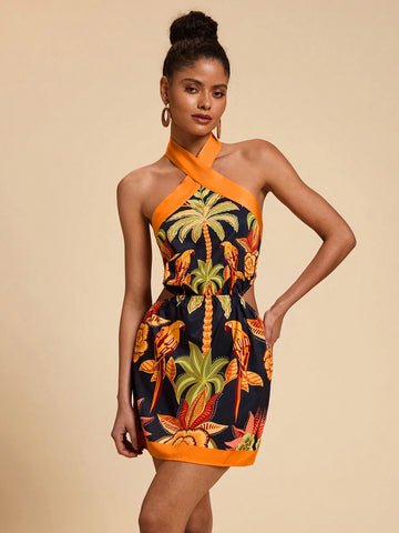 Travachic Vacation Woven Floral Print Halterneck Women Mini Dress Travachic Vacation Woven Floral Print Halterneck Women Mini Dress