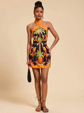 Travachic Vacation Woven Floral Print Halterneck Women Mini Dress Travachic Vacation Woven Floral Print Halterneck Women Mini Dress