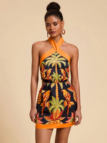 Travachic Vacation Woven Floral Print Halterneck Women Mini Dress Travachic Vacation Woven Floral Print Halterneck Women Mini Dress