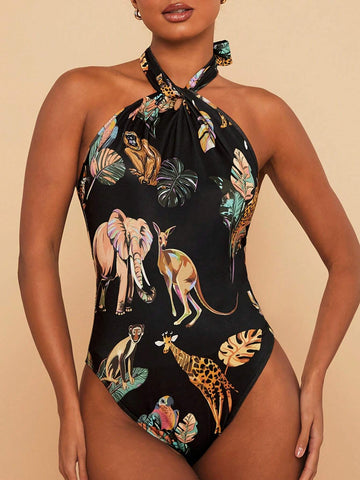 Travachic Women's Printed Halter Neck Backless Bodycon Bodysuit Travachic Women's Printed Halter Neck Backless Bodycon Bodysuit