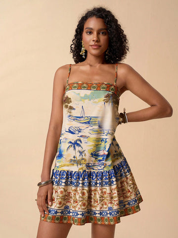Travachic Women's Resort Ruffled Hem Spaghetti Strap Tropical Print Dress Travachic Women's Resort Ruffled Hem Spaghetti Strap Tropical Print Dress