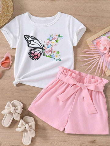 Tween Girl Butterfly & Flower Printed Short Sleeve T-Shirt And Paper Bag Waist Belt Shorts For Summer Tween Girl Butterfly & Flower Printed Short Sleeve T-Shirt And Paper Bag Waist Belt Shorts For Summer