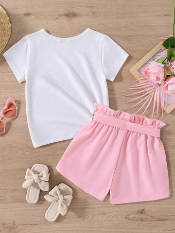 Tween Girl Butterfly & Flower Printed Short Sleeve T-Shirt And Paper Bag Waist Belt Shorts For Summer Tween Girl Butterfly & Flower Printed Short Sleeve T-Shirt And Paper Bag Waist Belt Shorts For Summer