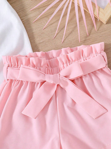 Tween Girl Butterfly & Flower Printed Short Sleeve T-Shirt And Paper Bag Waist Belt Shorts For Summer Tween Girl Butterfly & Flower Printed Short Sleeve T-Shirt And Paper Bag Waist Belt Shorts For Summer