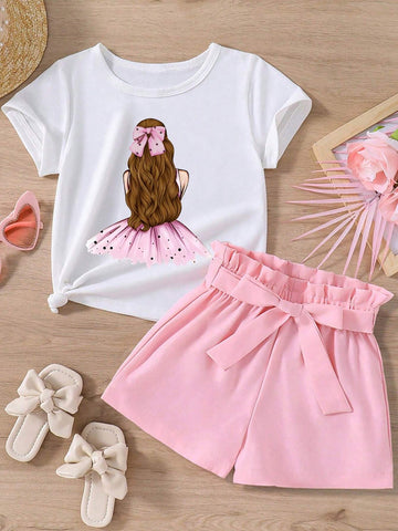 Tween Girls' Cartoon Character Back Print Short Sleeve Top And Paper Bag Waist Shorts Tween Girls' Cartoon Character Back Print Short Sleeve Top And Paper Bag Waist Shorts