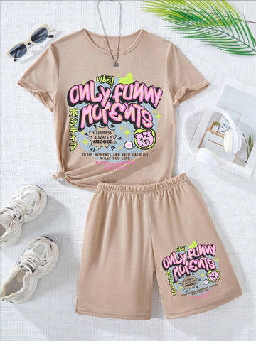 Tween Girls Cartoon Slogan Print Short Sleeve Casual T-Shirt And Shorts 2pcs/Set For Summer Tween Girls Cartoon Slogan Print Short Sleeve Casual T-Shirt And Shorts 2pcs/Set For Summer