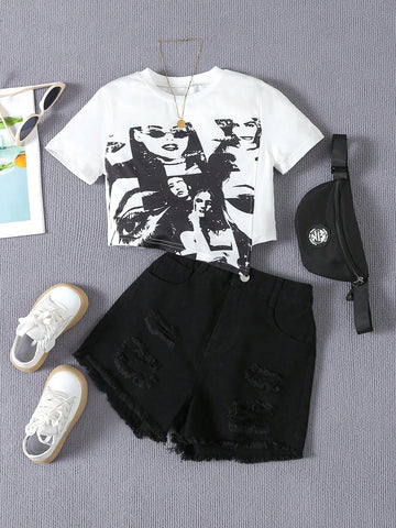 Tween Girls' Comfortable Casual Portrait Print Top And Black Ripped Shorts 2pcs Set Tween Girls' Comfortable Casual Portrait Print Top And Black Ripped Shorts 2pcs Set