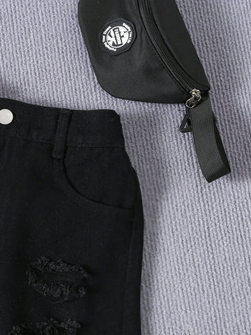 Tween Girls' Comfortable Casual Portrait Print Top And Black Ripped Shorts 2pcs Set Tween Girls' Comfortable Casual Portrait Print Top And Black Ripped Shorts 2pcs Set