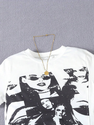 Tween Girls' Comfortable Casual Portrait Print Top And Black Ripped Shorts 2pcs Set Tween Girls' Comfortable Casual Portrait Print Top And Black Ripped Shorts 2pcs Set