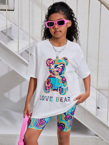Tween Girls' Cool Street Style Bear Printed Round Neck Short Sleeve T-Shirt With Heart Printed Shorts Set For Spring/Summer Tween Girls' Cool Street Style Bear Printed Round Neck Short Sleeve T-Shirt With Heart Printed Shorts Set For Spring/Summer