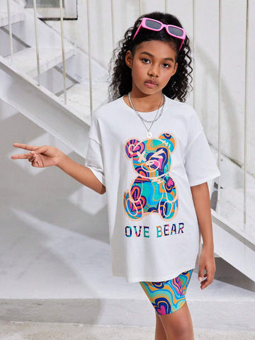 Tween Girls' Cool Street Style Bear Printed Round Neck Short Sleeve T-Shirt With Heart Printed Shorts Set For Spring/Summer Tween Girls' Cool Street Style Bear Printed Round Neck Short Sleeve T-Shirt With Heart Printed Shorts Set For Spring/Summer