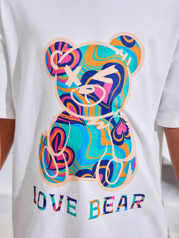 Tween Girls' Cool Street Style Bear Printed Round Neck Short Sleeve T-Shirt With Heart Printed Shorts Set For Spring/Summer Tween Girls' Cool Street Style Bear Printed Round Neck Short Sleeve T-Shirt With Heart Printed Shorts Set For Spring/Summer