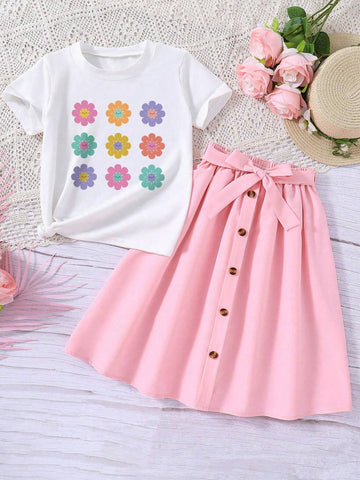 Tween Girls' Flower Pattern Printed Short Sleeve T-Shirt And Belted A-Line Skirt For Spring/Summer Tween Girls' Flower Pattern Printed Short Sleeve T-Shirt And Belted A-Line Skirt For Spring/Summer