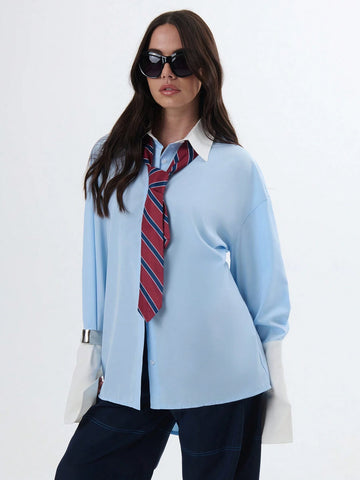Classy Oversized Boyrfriend Shirt With Contrast Collar & Cuff Classy Oversized Boyrfriend Shirt With Contrast Collar & Cuff