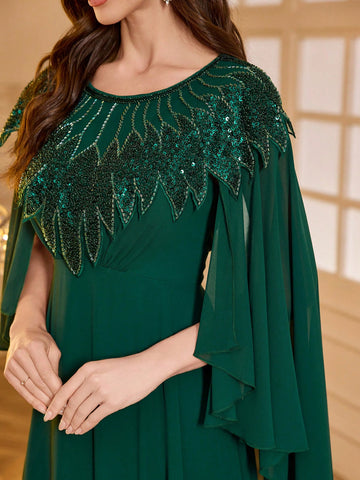 UNITHORSE Chiffon Round Neck Sequined & Beaded Asymmetrical Floral Embroidered Sleeves Elegant Dress UNITHORSE Chiffon Round Neck Sequined & Beaded Asymmetrical Floral Embroidered Sleeves Elegant Dress