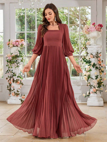UNITHORSE Women Square Neck Pleated Lantern Sleeve Long Chiffon Dress UNITHORSE Women Square Neck Pleated Lantern Sleeve Long Chiffon Dress