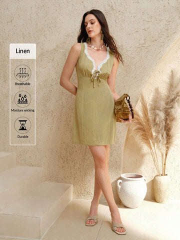 Uhlyne Fashionable Linen Contrast Lace Sleeveless Dress With Generous Collar, Hollow-Out Tie-Up Slim Fit Elegant Casual Mini Dress For Women Uhlyne Fashionable Linen Contrast Lace Sleeveless Dress With Generous Collar, Hollow-Out Tie-Up Slim Fit Elegant Casual Mini Dress For Women