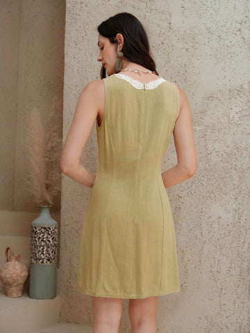 Uhlyne Fashionable Linen Contrast Lace Sleeveless Dress With Generous Collar, Hollow-Out Tie-Up Slim Fit Elegant Casual Mini Dress For Women Uhlyne Fashionable Linen Contrast Lace Sleeveless Dress With Generous Collar, Hollow-Out Tie-Up Slim Fit Elegant Casual Mini Dress For Women