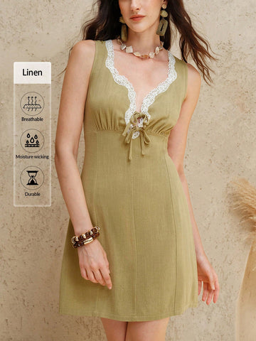 Uhlyne Fashionable Linen Contrast Lace Sleeveless Dress With Generous Collar, Hollow-Out Tie-Up Slim Fit Elegant Casual Mini Dress For Women Uhlyne Fashionable Linen Contrast Lace Sleeveless Dress With Generous Collar, Hollow-Out Tie-Up Slim Fit Elegant Casual Mini Dress For Women