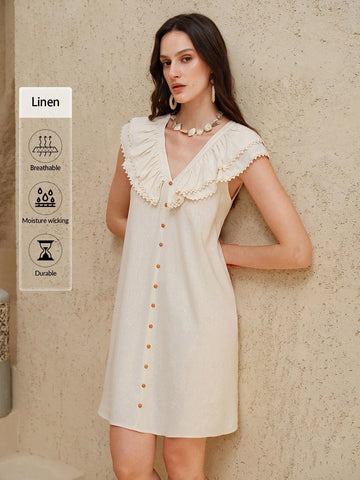 Uhlyne Women's Fashion Woven Linen Dress With Flutter Sleeves, Ruffled Trim, V-Neck Buttons Decor, Fitted A-Line Casual Resort Dress Uhlyne Women's Fashion Woven Linen Dress With Flutter Sleeves, Ruffled Trim, V-Neck Buttons Decor, Fitted A-Line Casual Resort Dress