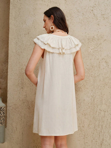 Uhlyne Women's Fashion Woven Linen Dress With Flutter Sleeves, Ruffled Trim, V-Neck Buttons Decor, Fitted A-Line Casual Resort Dress Uhlyne Women's Fashion Woven Linen Dress With Flutter Sleeves, Ruffled Trim, V-Neck Buttons Decor, Fitted A-Line Casual Resort Dress